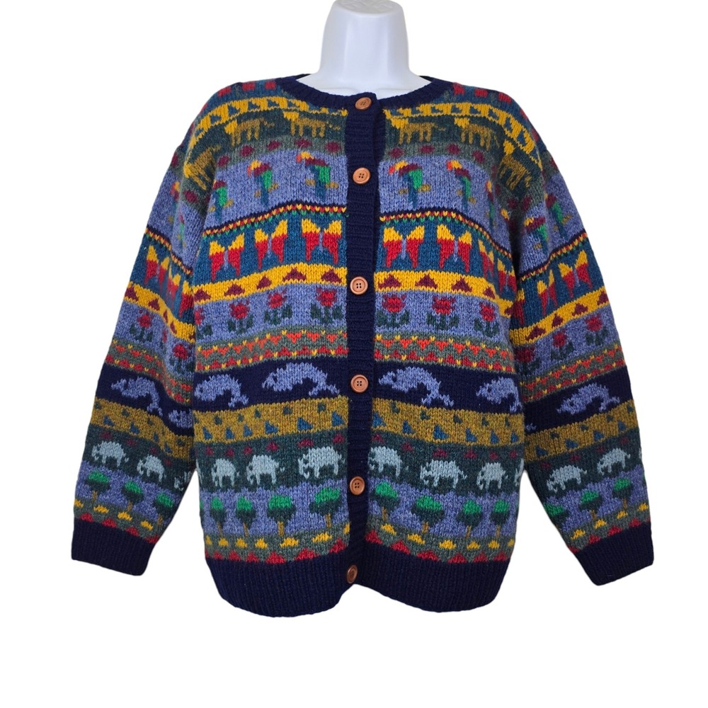 LL Bean Womens Colorful Vintage Wool Animal Fair Isle Cardigan Sweater Size S